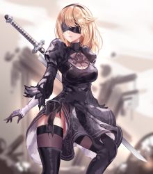 Rule 34 | 1girl, 2b (nier:automata), 2b (nier:automata) (cosplay), absurdres, black dress, black footwear, black thighhighs, blindfold, blonde hair, boots, breasts, cleavage, cleavage cutout, clothing cutout, cosplay, dayshiart, dress, feet out of frame, gloves, hair ornament, hairband, high heel boots, high heels, highres, hololive, hololive english, juliet sleeves, katana, large breasts, long sleeves, looking to the side, nier:automata, nier (series), parted lips, puffy sleeves, short hair, solo, sword, thigh boots, thighhighs, virtual youtuber, watson amelia, weapon