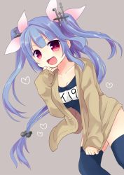 Rule 34 | 10s, 1girl, :3, :d, blue hair, blue thighhighs, bow, character name, collarbone, contrapposto, fang, grey background, hair ornament, heart, i-19 (kancolle), jacket, jacket over swimsuit, kantai collection, leaning forward, long hair, low-tied long hair, nagasioo, one-piece swimsuit, open mouth, red eyes, school swimsuit, simple background, smile, solo, standing, swimsuit, thighhighs, tooth, twintails