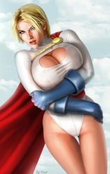 Rule 34 | 1girl, blonde hair, blue gloves, breast hold, breasts, cape, cleavage, cleavage cutout, clothing cutout, cloud, crossed arms, dc comics, female focus, gloves, huge breasts, kryptonian, large breasts, legs, leotard, long sleeves, power girl, realistic, red cape, sky, solo, thigh gap, thighs