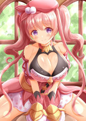 Rule 34 | 1girl, bare shoulders, beret, blush, breasts, cleavage, cleavage cutout, closed mouth, clothing cutout, collarbone, commentary request, dress, hair between eyes, hat, heart cutout, highres, long hair, looking at viewer, mittens, pink dress, pink hair, pink hat, polka dot, princess connect!, purple eyes, sitting, sleeveless, sleeveless dress, smile, solo, split mouth, straddling, tsumugi (princess connect!), twintails, white mittens, window, xenon (for achieve)