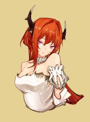 Rule 34 | 1girl, arknights, bare shoulders, bone, bone necklace, breasts, brown background, chinese commentary, cleavage, commentary request, cropped torso, demon horns, dress, horns, large breasts, leo aoiro, long hair, looking at viewer, parted lips, purple eyes, red hair, simple background, solo, strapless, strapless dress, surtr (arknights), upper body, white dress