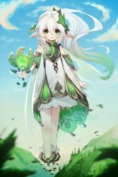 Rule 34 | 1girl, child, dress, genshin impact, gradient hair, grass, green eyes, green hair, highres, le0tan, long hair, looking at viewer, multicolored hair, nahida (genshin impact), pointy ears, side ponytail, solo, standing, white dress, white hair, wind