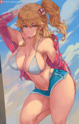 Rule 34 | 1girl, arm up, bare shoulders, bikini, blonde hair, blue eyes, breasts, blowing bubbles, chewing gum, cleavage, collarbone, commentary, food-themed hair ornament, hair ornament, highleg, highleg bikini, highres, large breasts, looking at viewer, mario (series), midriff, navel, nintendo, ponytail, princess peach, shexyo, short shorts, shorts, swimsuit, thick thighs, thighs, watermark, web address