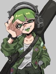 Rule 34 | 1boy, absurdres, belt, collarbone, commentary request, green eyes, green hair, green jacket, grey background, hand in pocket, headset, highres, ikachan pochan, inkling, inkling boy, inkling player character, jacket, male focus, nintendo, open clothes, open jacket, print jacket, shirt, short hair, simple background, solo, splatoon (series), standing, teeth, tentacle hair, tongue, tongue out, upper teeth only, white shirt