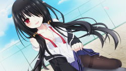 Rule 34 | 10s, 1girl, :d, black hair, blush, bra, breasts, chain-link fence, clothes lift, date a live, day, dress shirt, female focus, fence, game cg, hair over one eye, heterochromia, lifted by self, light smile, long hair, looking at viewer, medium breasts, off shoulder, open mouth, outdoors, panties, panties under pantyhose, pantyhose, petals, red eyes, ribbon, school uniform, shirt, sitting, skirt, skirt lift, sky, smile, solo, thighband pantyhose, tokisaki kurumi, tsunako, twintails, underwear, undressing, yellow eyes