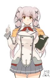 Rule 34 | 1girl, alternate breast size, alternate costume, artist name, blush, buttons, cosplay, cowboy shot, double-breasted, epaulettes, frilled sleeves, frills, gloves, green eyes, grey skirt, hair ribbon, highres, holding, holding notebook, jacket, kantai collection, kashima (kancolle), kashima (kancolle) (cosplay), long hair, military, military jacket, military uniform, miniskirt, neckerchief, notebook, one-hour drawing challenge, owa (ishtail), pink hair, pleated skirt, ponytail, red neckerchief, ribbon, simple background, skirt, solo, straight-on, twintails, uniform, very long hair, white background, white gloves, white jacket, yura (kancolle)