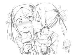 Rule 34 | . ., 10s, 3girls, blush, cheating (relationship), closed eyes, food, food on face, greyscale, ice cream, licking, lineart, michairu, miyoshi karin, monochrome, multiple girls, open mouth, short ponytail, simple background, sweat, tongue, tongue out, tougou mimori, twintails, wavy mouth, white background, yuri, yuuki yuuna, yuuki yuuna wa yuusha de aru, yuusha de aru