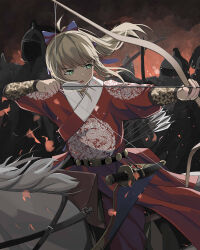 Rule 34 | 1girl, 4others, alternate costume, arm guards, armor, arrow (projectile), artoria pendragon (all), artoria pendragon (fate), belt, blonde hair, blue ribbon, bow (weapon), chinese armor, chinese clothes, chinese empire, embroidered, fate/grand order, fate (series), green eyes, hair ribbon, hanfu, highres, horseback archery, horseback riding, ming dynasty, multiple others, ponytail, ribbon, riding, saber (fate), sheath, sheathed, solo focus, sword, weapon, zhengz