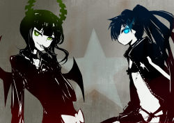 Rule 34 | 10s, 2girls, :p, bad id, bad pixiv id, bikini, bikini top only, black rock shooter, black rock shooter (character), blue eyes, coat, dead master, glowing, glowing eyes, green eyes, highres, horns, long hair, mikidar, monochrome, multiple girls, scar, smile, spot color, star (symbol), swimsuit, tongue, tongue out, twintails, wings