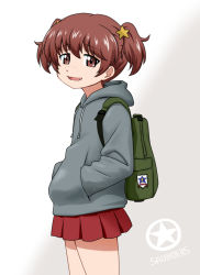 Rule 34 | 10s, 1girl, alisa (girls und panzer), backpack, bag, brown eyes, brown hair, casual, cowboy shot, emblem, freckles, from side, girls und panzer, goriate, hair ornament, hands in pocket, hands in pockets, hood, hoodie, looking at viewer, miniskirt, pleated skirt, red skirt, short hair, short twintails, skirt, smile, solo, standing, star (symbol), star hair ornament, twintails, white background