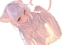 Rule 34 | 1girl, animal ear fluff, animal ears, bare shoulders, blush, breasts, cat ears, cleavage, collarbone, commentary request, dress, hair between eyes, long hair, looking at viewer, original, paw pose, red eyes, see-through, see-through silhouette, shiro youduki, sidelocks, simple background, sleeveless, sleeveless dress, small breasts, solo, sundress, tail, white background, white dress, white hair