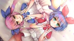 Rule 34 | 2girls, :d, apron, bad id, bad pixiv id, blue bow, blue dress, blue hair, blush, bow, closed mouth, commentary request, copyright request, double w, dress, green eyes, hair bow, hands up, highres, long hair, lying, multiple girls, on back, open mouth, parted lips, pink hair, red bow, red dress, short hair, signature, smile, symbol in eye, symmetry, tanyatonya, twintails, virtual youtuber, w, white apron, yellow eyes