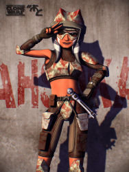 Rule 34 | 1girl, 2010, ahsoka tano, alien, armor, text background, colored skin, energy sword, facial tattoo, feet out of frame, fingerless gloves, forehead protector, gloves, grey background, helmet, jedi, knee guards, lightsaber, looking at viewer, mask, mask on head, master-cyrus, midriff, navel, orange skin, pouch, shorts, smirk, star wars, star wars: the clone wars, sword, tattoo, togruta, weapon