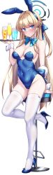 Rule 34 | 1girl, absurdres, animal ears, bar stool, blonde hair, blue archive, blue bow, blue bowtie, blue eyes, blue footwear, blue leotard, bow, bowtie, breasts, chair, detached collar, drink, earpiece, fake animal ears, fake tail, full body, halo, highleg, highleg leotard, highres, holding, holding tray, leotard, long hair, looking at viewer, medium breasts, official alternate costume, playboy bunny, rabbit ears, rabbit tail, shirokuma a, simple background, solo, stool, strapless, strapless leotard, tail, thighhighs, toki (blue archive), toki (bunny) (blue archive), tray, very long hair, white background, white thighhighs, white wrist cuffs, wrist cuffs