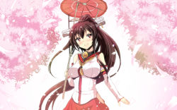 Rule 34 | 10s, 1girl, blush, breasts, brown hair, cherry blossoms, detached sleeves, gin&#039;ichi (akacia), kantai collection, large breasts, long hair, personification, petals, ponytail, red eyes, skirt, smile, solo, yamato (kancolle)