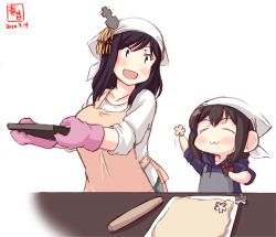 Rule 34 | 2girls, :3, aged down, apron, artist logo, baking sheet, black hair, blue hoodie, braid, brown hair, child, closed eyes, commentary request, dated, dough, hair ornament, hair over shoulder, head scarf, highres, hood, hood down, hoodie, kanon (kurogane knights), kantai collection, long sleeves, multiple girls, open mouth, oven mitts, red eyes, rolling pin, shigure (kancolle), shirt, short hair, simple background, single braid, sleeves rolled up, smile, white background, white shirt, yamashiro (kancolle)