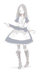 Rule 34 | 1girl, absurdres, alice: madness returns, alice (alice in wonderland), alice in wonderland, alice liddell (american mcgee&#039;s alice), american mcgee&#039;s alice, american mcgee's alice, apron, black hair, bluerancel, boots, closed umbrella, dress, full body, green eyes, highres, pantyhose, sketch, solo, striped clothes, striped pantyhose, umbrella, white background