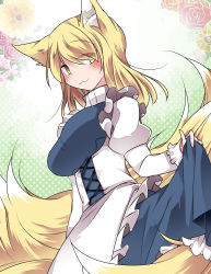 Rule 34 | 1girl, :3, alternate costume, alternate hair length, alternate hairstyle, animal ear fluff, animal ears, apron, bad id, bad pixiv id, blonde hair, blush, breasts, clothes lift, commentary request, corset, dress, dress lift, enmaided, eyes visible through hair, female focus, floral background, fox ears, fox tail, frilled apron, frills, green background, hammer (sunset beach), large breasts, long hair, long sleeves, looking at viewer, maid, maid apron, multiple tails, naughty face, no headwear, no headwear, polka dot, polka dot background, puffy long sleeves, puffy sleeves, seductive smile, smile, solo, tail, touhou, underbust, yakumo ran, yellow eyes