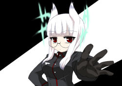 Rule 34 | 00s, 1girl, animal ears, glasses, gloves, head wings, heidimarie w. schnaufer, magic, mukaibi aoi, red eyes, solo, strike witches, uniform, white hair, wings, world witches series