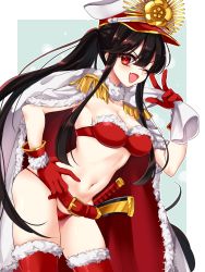 Rule 34 | 1girl, bad id, bad pixiv id, bandeau, belt, bikini, black hair, blue background, blush, border, breasts, christmas, cleavage, collarbone, crest, epaulettes, family crest, fang, fate/grand order, fate (series), fur-trimmed bikini, fur trim, gloves, gun, hand on own hip, hat, highres, kanon (ikamiso), katana, koha-ace, large breasts, long hair, looking at viewer, navel, oda nobunaga (fate), oda nobunaga (koha-ace), oda uri, one eye closed, open mouth, peaked cap, ponytail, red bikini, red eyes, red gloves, red thighhighs, sack, santa bikini, sidelocks, skin fang, smile, solo, strapless, strapless bikini, swimsuit, sword, thighhighs, very long hair, weapon, white border, white hat