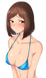 Rule 34 | 1girl, absurdres, bang dream!, bare shoulders, bikini, blue bikini, blush, bob cut, bouhatei (t-back), breasts, brown eyes, brown hair, cleavage, closed mouth, collarbone, commentary request, embarrassed, halterneck, hazawa tsugumi, highres, looking away, looking to the side, medium breasts, navel, shiny skin, short hair, simple background, solo, standing, stomach, sweatdrop, swimsuit, upper body, white background