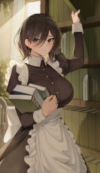 Rule 34 | 1girl, absurdres, apron, arm up, back bow, black dress, blush, book, bookshelf, bow, breasts, brown hair, buttons, chair, closed mouth, collared dress, commentary request, dress, eyelashes, frilled apron, frills, goback, green eyes, hair behind ear, hair between eyes, highres, holding, holding book, indoors, juliet sleeves, large breasts, light rays, long sleeves, looking at viewer, maid, maid apron, original, plant, potted plant, puffy sleeves, short hair, sidelocks, sleeve cuffs, solo, standing, swept bangs, waist apron, wavy mouth, white apron, white bow, window, wing collar