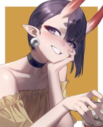 Rule 34 | 1girl, asymmetrical bangs, bare shoulders, blush, breasts, choker, chorogon, collarbone, cup, earrings, eyeliner, fate/grand order, fate (series), grin, highres, horns, jewelry, looking at viewer, makeup, off shoulder, oni, purple eyes, purple hair, shirt, short eyebrows, short hair, shuten douji (fate), skin-covered horns, small breasts, smile, solo, yellow shirt