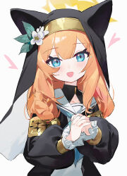 Rule 34 | 1girl, absurdres, animal ear headwear, animal ears, black headwear, blue archive, blue eyes, blush, coif, commentary, fake animal ears, flower, habit, halo, hat, hat flower, heart, highres, long hair, long sleeves, looking at viewer, mari (blue archive), measho, nun, open mouth, orange hair, puffy long sleeves, puffy sleeves, smile, solo, upper body, white flower, yellow halo