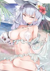 Rule 34 | 1girl, 7gao, alternate costume, azur lane, beach, bikini, blue sky, blush, breasts, character doll, covered erect nipples, day, dido (azur lane), flower, frills, hairband, hat, hat flower, highres, large breasts, long hair, looking at viewer, navel, ocean, outdoors, palm leaf, purple eyes, silver hair, sitting, skirt, sky, solo, swimsuit