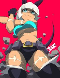Rule 34 | 1girl, aetherion, animal ears, belt, black gloves, blue eyes, blunt bangs, breasts, fang, fang out, fingerless gloves, gloves, highres, large breasts, medium breasts, ms. fortune (skullgirls), navel, please hurt me, red background, short hair, simple background, skullgirls, solo, thighhighs, underboob, utility belt, white hair