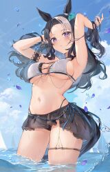 Rule 34 | 1girl, animal ears, armpits, arms up, bare shoulders, bikini, black bikini, black bikini bottom, black hair, black skirt, blue sky, blush, breasts, cloud, cloudy sky, commentary, cross-laced bikini, cross-laced clothes, ear ornament, falling petals, highres, horse ears, horse girl, horse tail, kita (kitairoha), long hair, looking at viewer, medium breasts, mejiro ramonu (umamusume), multicolored hair, navel, outdoors, parted bangs, petals, purple eyes, signature, skirt, sky, solo, stomach, streaked hair, swimsuit, tail, thick thighs, thigh strap, thighs, two-tone hair, umamusume, wading, white bikini, white hair
