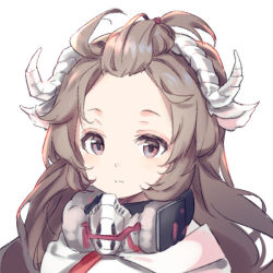 Rule 34 | 1girl, arknights, brown hair, closed mouth, expressionless, eyjafjalla (arknights), forehead, hairband, horns, jacket, long hair, looking at viewer, mask, mask around neck, purple eyes, red eyes, renren (ah renren), sheep girl, sheep horns, simple background, solo, tagme, topknot, upper body, white background, white jacket