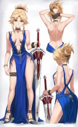 Rule 34 | 1girl, arms behind head, arms up, ass, back, back tattoo, backboob, bare shoulders, black footwear, black gloves, blonde hair, blue dress, bracelet, braid, breasts, butt crack, center opening, choker, clarent (fate), dress, eyes visible through hair, fate/apocrypha, fate (series), french braid, from behind, gem, gloves, green eyes, high heels, highres, holding, holding sword, holding weapon, jewelry, long hair, looking at viewer, mordred (fate), mordred (fate/apocrypha), multiple views, parted bangs, ponytail, shoulder blades, sidelocks, simple background, single-shoulder dress, small breasts, smile, sword, tattoo, tonee, tramp stamp, tying hair, weapon, white background, wristband