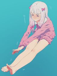 Rule 34 | &gt; &lt;, 10s, 1girl, :&lt;, ^^^, alphabet (alphabetnoon), aqua background, bad id, bad pixiv id, bare legs, barefoot, bow, closed eyes, closed mouth, commentary request, eromanga sensei, feet, frills, full body, grey hair, hair bow, highres, izumi sagiri, leaning forward, legs together, long hair, long legs, long sleeves, pajamas, pink bow, plantar flexion, simple background, soles, solo, stretching, thighs, toes, trembling