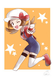 Rule 34 | 1girl, ;d, blush, border, bow, brown eyes, brown hair, cabbie hat, commentary request, creatures (company), eyelashes, game freak, hachi (hachi sin), hat, hat bow, highres, holding, holding poke ball, leg up, long hair, lyra (pokemon), nintendo, one eye closed, open mouth, orange background, outstretched arm, poke ball, poke ball (basic), pokemon, pokemon hgss, red bow, red footwear, red shirt, shirt, shoes, signature, smile, solo, star (symbol), thighhighs, tongue, twintails, white border, white hat, white thighhighs
