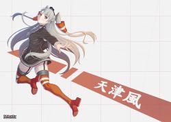 Rule 34 | 10s, 1girl, amatsukaze (kancolle), artist name, brown eyes, character name, dress, garter straps, grid, kantai collection, long hair, personification, sailor dress, school uniform, serafuku, short dress, silver hair, solo, striped clothes, striped thighhighs, thighhighs, twintails, two side up, usanekorin, zettai ryouiki