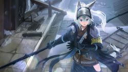 Rule 34 | 1girl, animal ears, arknights, armband, broken glass, glass, gloves, grani (arknights), highres, hip vent, holding, holding polearm, holding spear, holding weapon, horse ears, lens flare, long coat, medal, polearm, ponytail, sentou kouhei kitsune, silver hair, solo, spear, tail, weapon