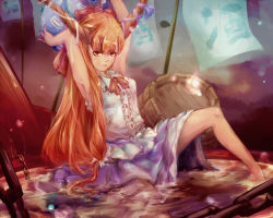 Rule 34 | 1girl, alcohol, arms up, barrel, blonde hair, bow, brown eyes, brown hair, chain, chong (wjzcy6688), gourd, hair bow, holding, horn ornament, horn ribbon, horns, ibuki suika, light particles, long hair, low-tied long hair, oni, partially submerged, purple skirt, revision, ribbon, sake, sitting, skirt, sleeveless, solo, torn clothes, torn sleeves, touhou, very long hair