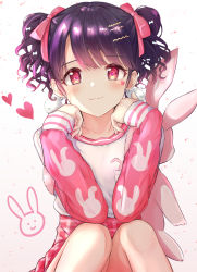 Rule 34 | 1girl, animal bag, backpack, bag, black hair, commentary request, double bun, earrings, fang, fukumaru koito, hair bun, hair ornament, hair ribbon, hairclip, heart, highres, idolmaster, idolmaster shiny colors, jewelry, looking at viewer, pink eyes, pink ribbon, pink skirt, rabbit bag, ribbon, shirt, skin fang, skirt, sky cappuccino, solo, squatting, white background, white shirt