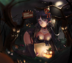 Rule 34 | 10s, 1girl, absurdres, all fours, animal, bat (animal), bird, blue hair, breasts, cleavage, closed mouth, cloud, collar, costume, crown, earrings, english text, eun bari, facial tattoo, flower, frown, grass, hair bun, halloween, halloween costume, happy halloween, highres, jewelry, long hair, looking at viewer, love live!, love live! sunshine!!, medium breasts, moon, necklace, night, on grass, outdoors, owl, pink eyes, plant, pointy ears, pumpkin, ring, single hair bun, skull earrings, solo focus, star (symbol), star tattoo, tattoo, text focus, tree, tsurime, tsushima yoshiko