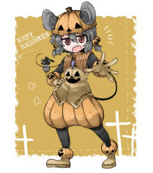 Rule 34 | 1girl, akagashi hagane, alternate costume, animal ears, bad id, bad pixiv id, female focus, grey hair, hair ornament, happy halloween, jack-o&#039;-lantern, jewelry, mouse (animal), mouse ears, mouse tail, nazrin, pumpkin, red eyes, short hair, solo, tail, touhou