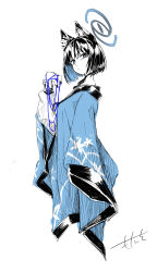 Rule 34 | 1girl, absurdres, animal ears, blue archive, blue eyes, blue string, blue theme, bob cut, choker, closed mouth, cropped torso, expressionless, halo, haori, highres, japanese clothes, jitaso, kikyou (blue archive), long sleeves, looking at viewer, short hair, signature, simple background, solo, spot color, upper body, white background