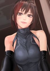 Rule 34 | 1girl, bare shoulders, black gloves, black one-piece swimsuit, breasts, breasts squeezed together, brown hair, competition swimsuit, covered erect nipples, elbow gloves, gloves, grey one-piece swimsuit, head tilt, highres, kilye kairi, looking at viewer, medium breasts, multicolored hair, one-piece swimsuit, original, parted lips, pink eyes, pink lips, red hair, smile, solo, streaked hair, swimsuit, upper body