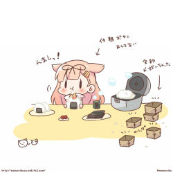 Rule 34 | 1girl, blonde hair, blush, check translation, chibi, commentary request, eating, food, food on face, hair flaps, hair ornament, hair ribbon, hairclip, kantai collection, long hair, lowres, momoniku (taretare-13), onigiri, ribbon, rice cooker, simple background, solid oval eyes, solo, translation request, twitter username, watermark, web address, white background, yuudachi (kancolle), yuudachi kai ni (kancolle)