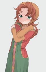 Rule 34 | 1girl, bad id, bad pixiv id, blush, brown hair, closed mouth, commentary request, dragon quest, dragon quest vii, dress, dutch angle, green dress, green eyes, grey background, highres, long hair, long sleeves, looking at viewer, maribel (dq7), sleeves past wrists, solo, yakihebi