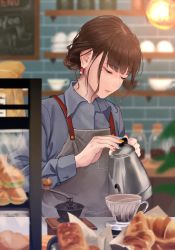 Rule 34 | 1girl, bad id, bad pixiv id, blue nails, brown hair, coffee filter, coffee pot, croissant, cup, disposable coffee cup, disposable cup, earrings, eyeliner, food, half-closed eyes, highres, jewelry, makeup, mole, mole under eye, multicolored nails, nail polish, original, red nails, saitou (lynx-shrike), sandwich, solo, yellow nails