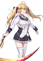 Rule 34 | 1girl, absurdres, ahoge, black skirt, blonde hair, bow, breasts, collared shirt, eyebrows hidden by hair, frilled skirt, frills, g9 (jiiku), grin, hair between eyes, hair bow, highres, holding, holding scythe, jacket, long hair, long sleeves, looking at viewer, medium breasts, nijisanji, red bow, red eyes, scythe, shirt, simple background, skirt, smile, solo, takamiya rion, takamiya rion (1st costume), thighhighs, twintails, virtual youtuber, white background, white bow, white jacket, white shirt, white thighhighs