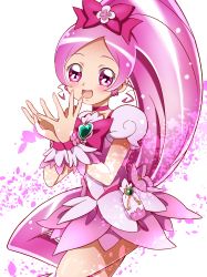 Rule 34 | 10s, 1girl, :d, absurdres, bad id, bad pixiv id, blush, bow, brooch, choker, cure blossom, earrings, hair bow, hanasaki tsubomi, heart, heart brooch, heartcatch precure!, highres, jewelry, long hair, magical girl, open mouth, pink eyes, pink hair, pink skirt, ponytail, precure, ribbon, sharumon, skirt, smile, solo, white background, wrist cuffs