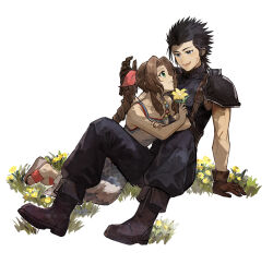 Rule 34 | 1boy, 1girl, aerith gainsborough, arm support, armor, baggy pants, bare arms, bare shoulders, black gloves, black hair, blue eyes, boots, braid, braided ponytail, brown hair, collarbone, commentary request, couple, crisis core final fantasy vii, cross scar, dress, facial scar, field, final fantasy, final fantasy vii, flower, flower field, full body, gloves, green eyes, hair ribbon, hand up, highres, holding, holding flower, ivy60530, knees up, leaning on person, looking at another, on person, open mouth, pants, parted lips, pink ribbon, ribbon, sandals, scar, scar on cheek, scar on face, shoulder armor, sitting, skirt, sleeveless, sleeveless turtleneck, spaghetti strap, spiked hair, suspender skirt, suspenders, sweater, toeless footwear, turtleneck, turtleneck sweater, white background, yellow flower, zack fair
