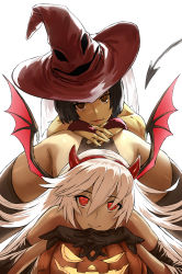 Rule 34 | 2girls, ass, ass grab, bare shoulders, black gloves, black hair, bob cut, demon girl, demon horns, demon tail, demon wings, face in ass, fake horns, fake tail, fake wings, gloves, guilty gear, guilty gear xrd, hairband, halloween, halloween costume, haraya manawari, hat, highres, horns, i-no, jack-o&#039; challenge, jack-o&#039; valentine, long hair, looking at viewer, multicolored hair, multiple girls, nightmare before christmas, oogie boogie, pumpkin, red eyes, shaded face, short hair, sidelocks, skindentation, smile, tail, the nightmare before christmas, thick thighs, thighhighs, thighs, top-down bottom-up, white hair, wings, witch, witch hat